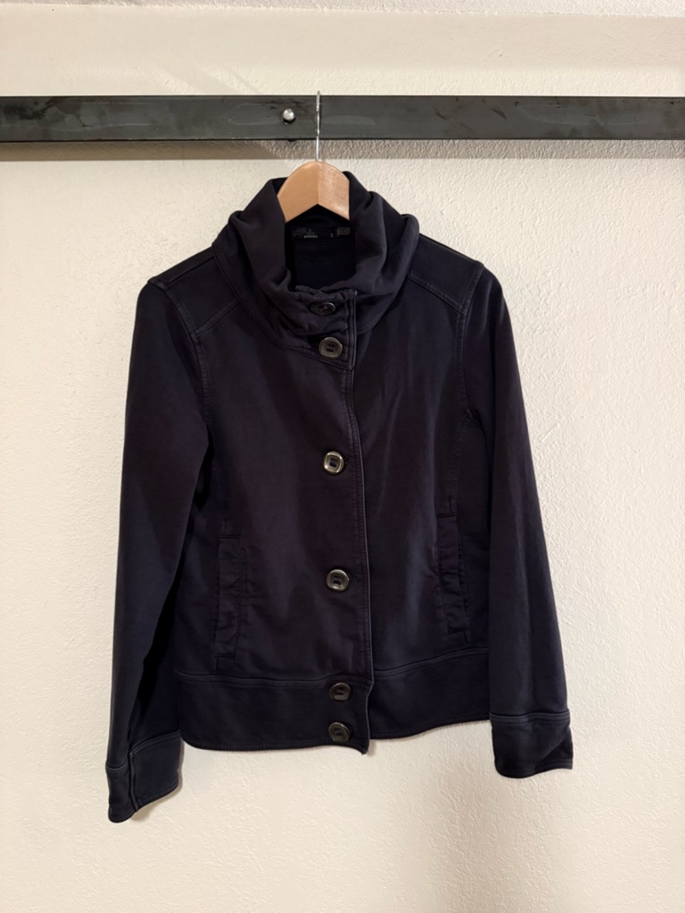 Prana Black Button-Front Utility Jacket with Funnel Collar